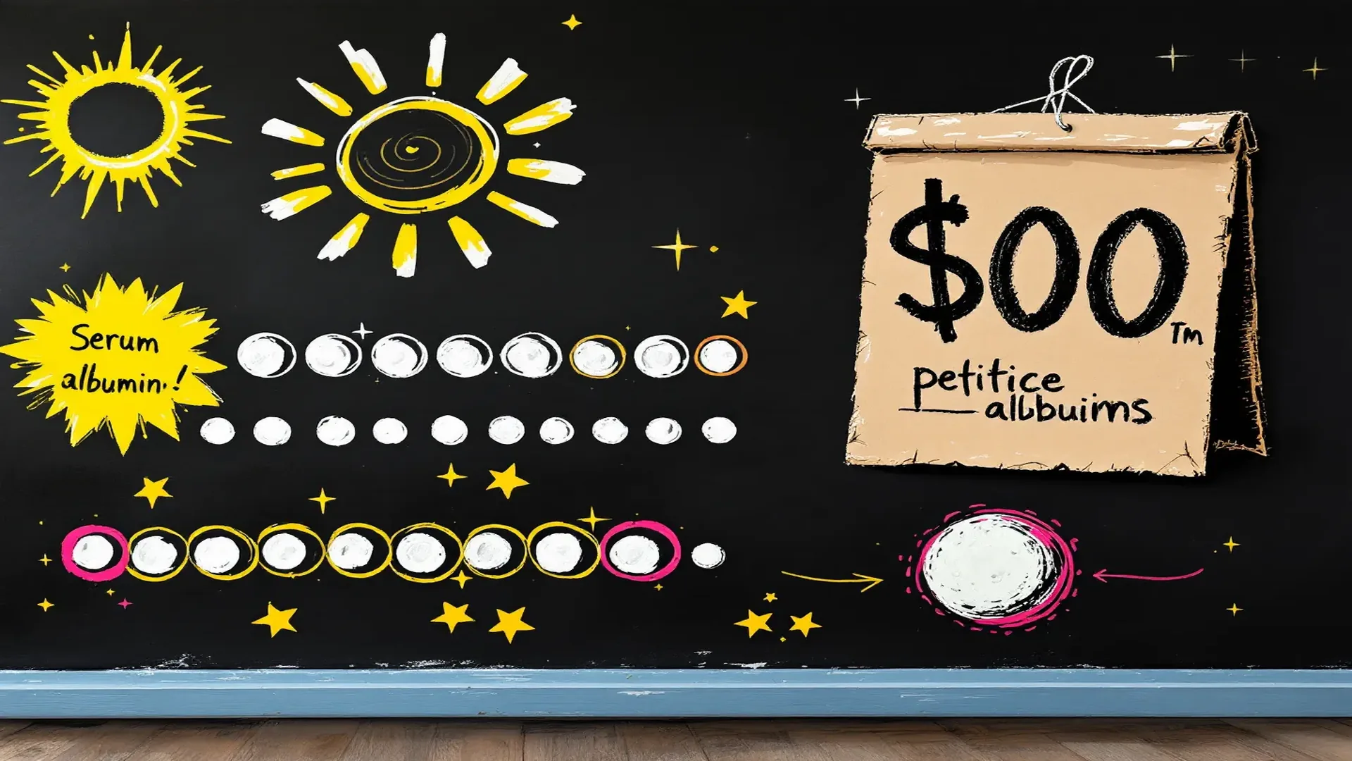 Hand-painted supermarket chalkboard composition with a kraft price-sign, a chalk peptide-chain frieze ending in a magenta-outlined albumin blob, and a yellow starburst